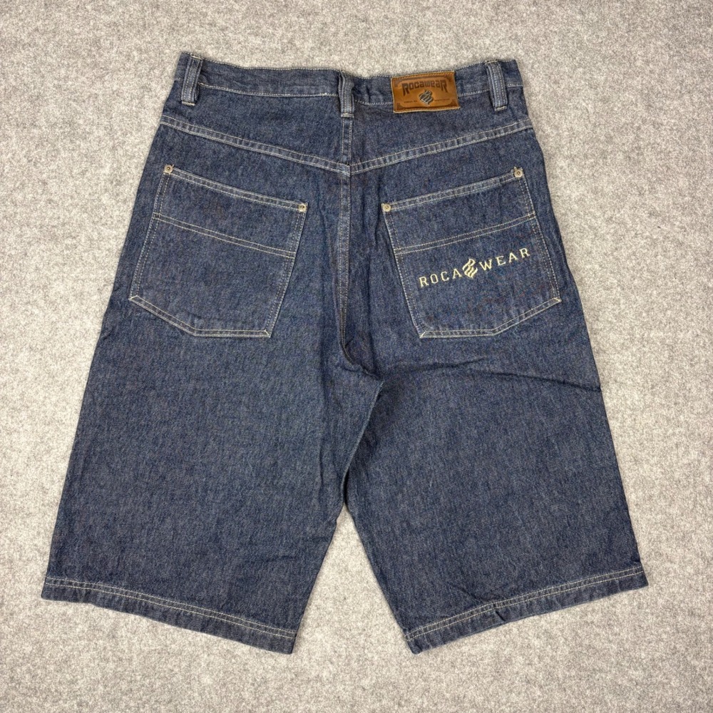 Rocawear Mens Denim Shorts 34 Dark Wash Baggy Y2K Hip Hop Embroidered Logo Jean